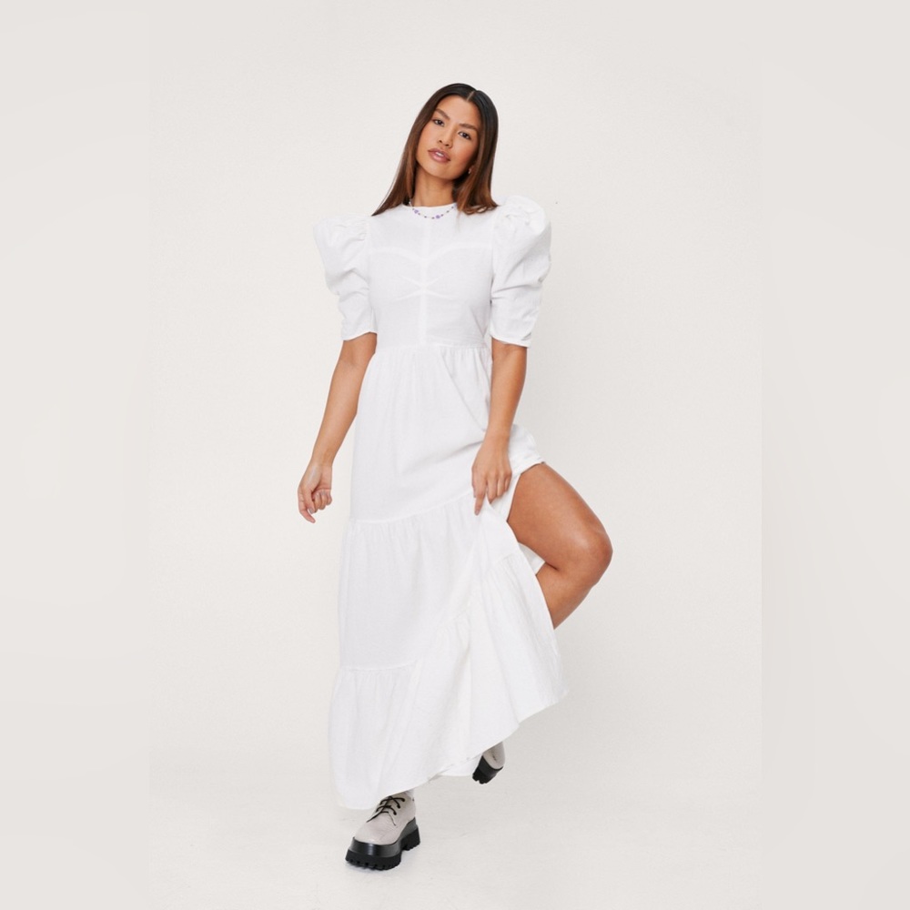 NWT Linen Look Puff Sleeve Tiered Maxi Dress Size 0